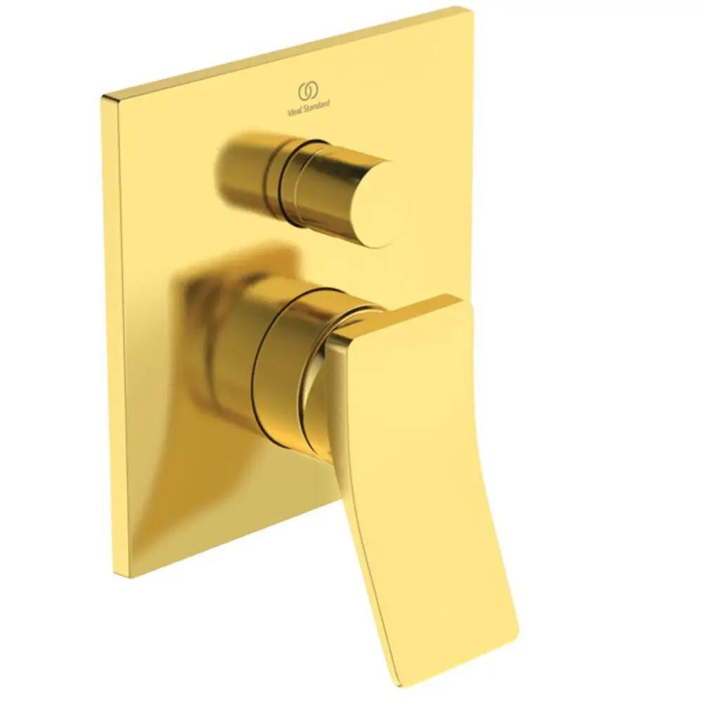Wandmontierte Armatur in brushed gold mit zwei Bedienelementen. Modell von Ideal Standard, geeignet für Badezimmeranwendungen.